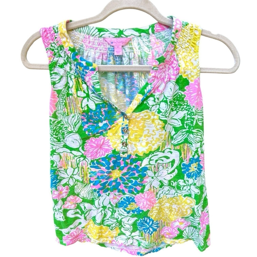 Lilly Pulitzer Womens XS Sleeveless Top Green Pink Floral Smocked Cotton  Beach